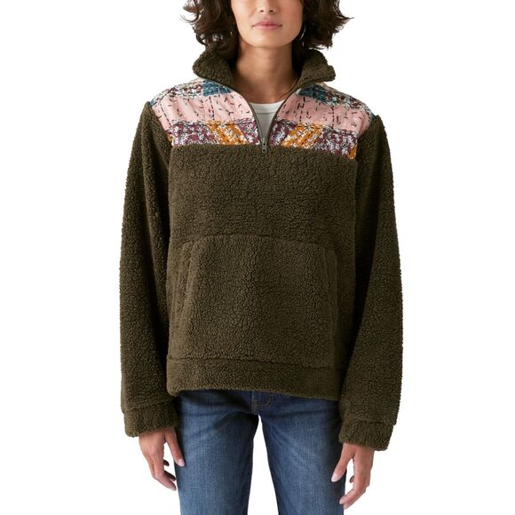 Lucky Brand Olive Green Half Zip Quilted Patchwork Fleece Pullover Sweater Sz L - Picture 1 of 5